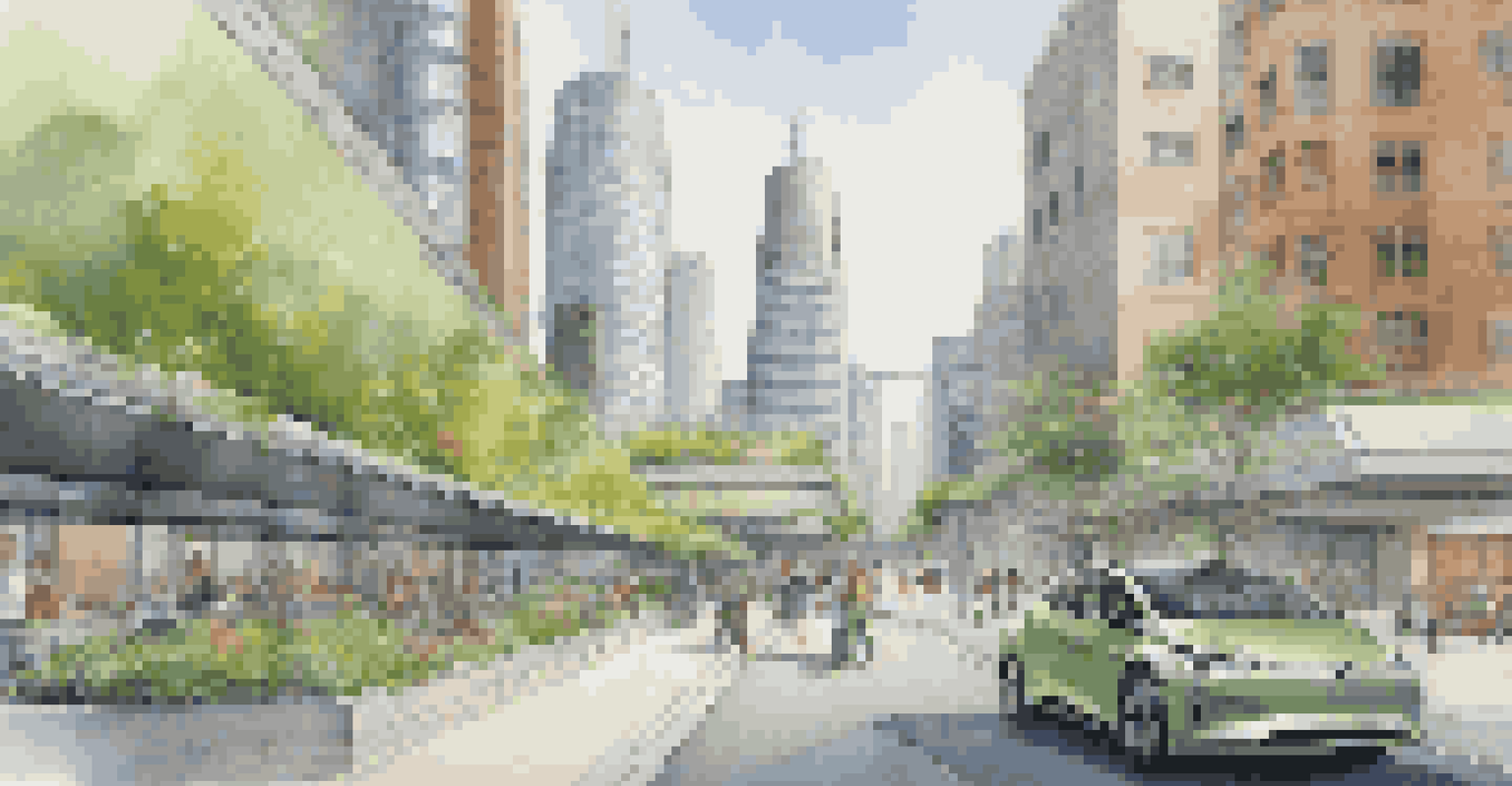 A city skyline with green roofs and an electric car charging station, highlighting urban renewable energy.