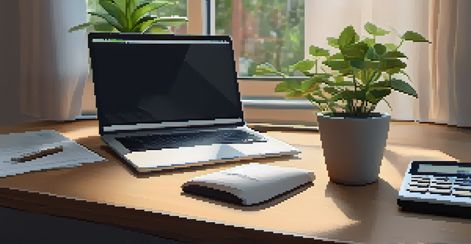 A modern workspace with a laptop, financial documents, and a calculator on a wooden desk illuminated by warm sunlight.