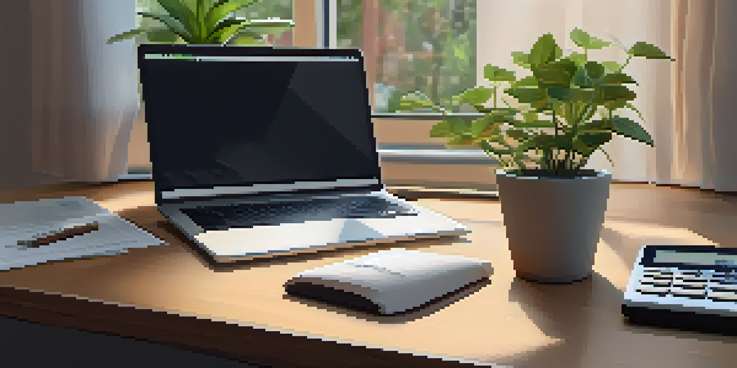 A modern workspace with a laptop, financial documents, and a calculator on a wooden desk illuminated by warm sunlight.