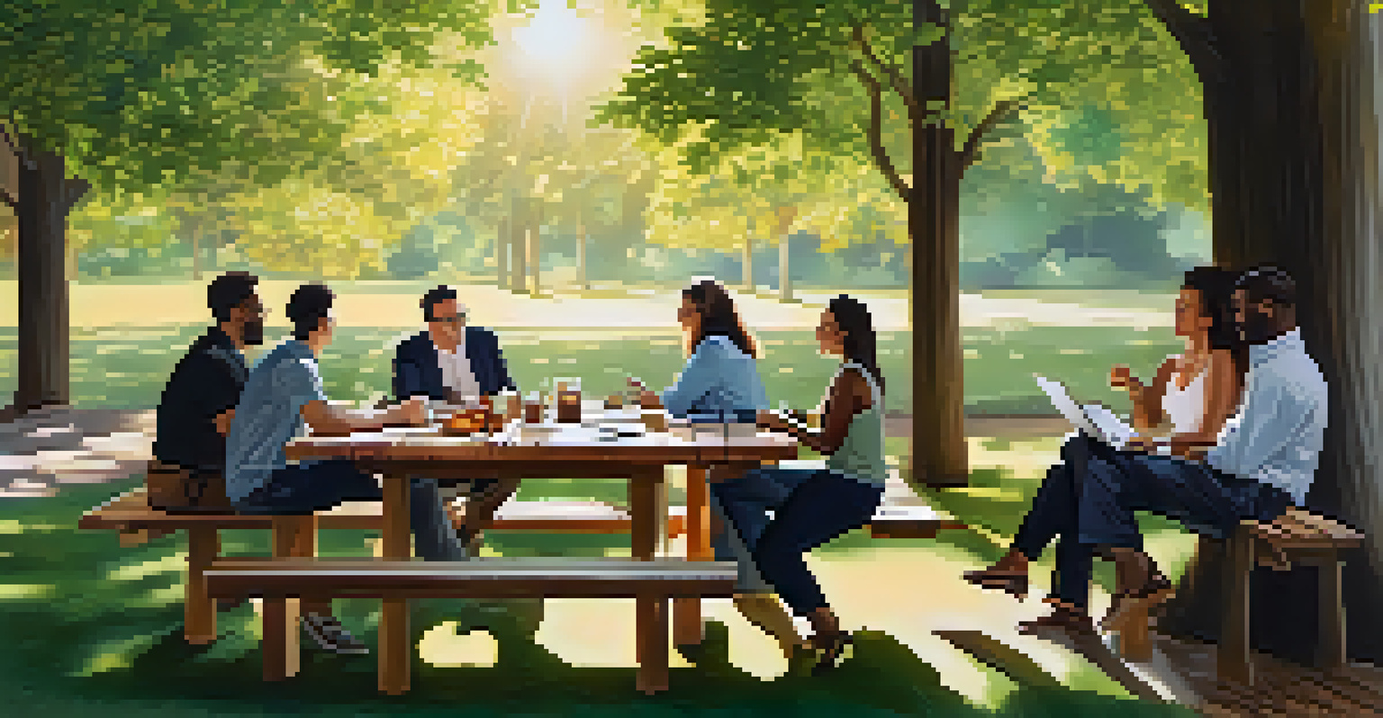 A diverse group of people discussing investment strategies outdoors, with laptops and charts on a picnic table surrounded by greenery.