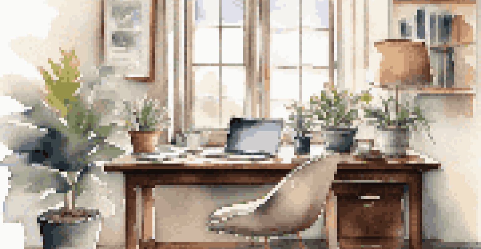 A stylish office workspace with a wooden desk, laptop, notepad, coffee cup, and a plant, all bathed in soft natural light.