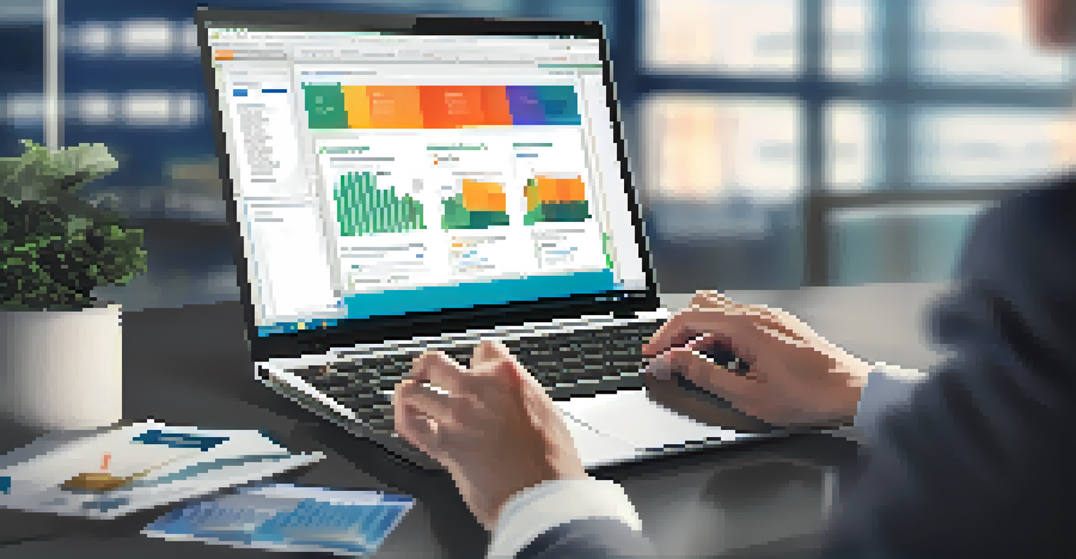 Close-up of hands typing on a laptop with financial software on the screen in a modern office.