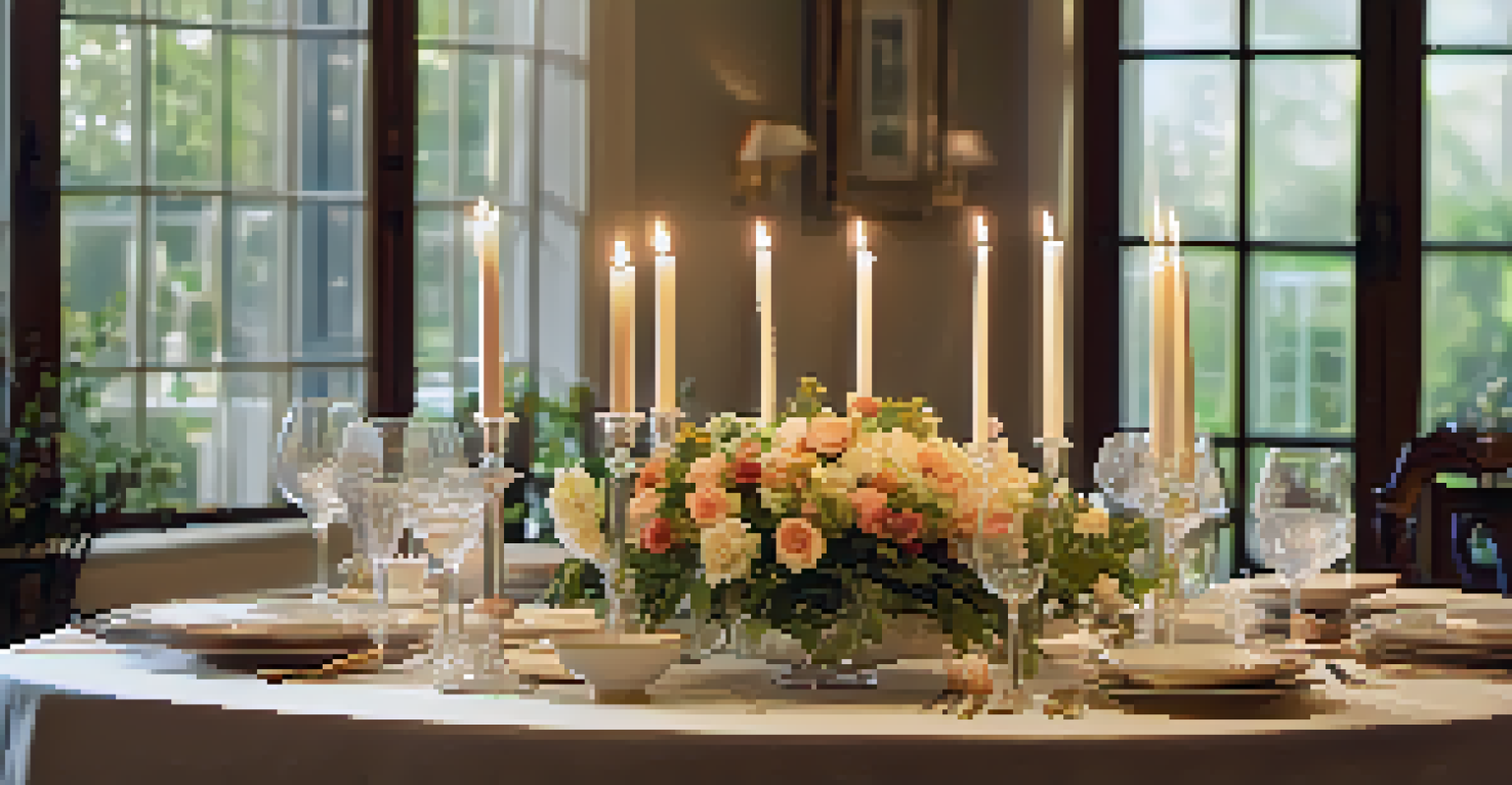 An elegant dinner table setting with fine china, glassware, and a floral centerpiece.