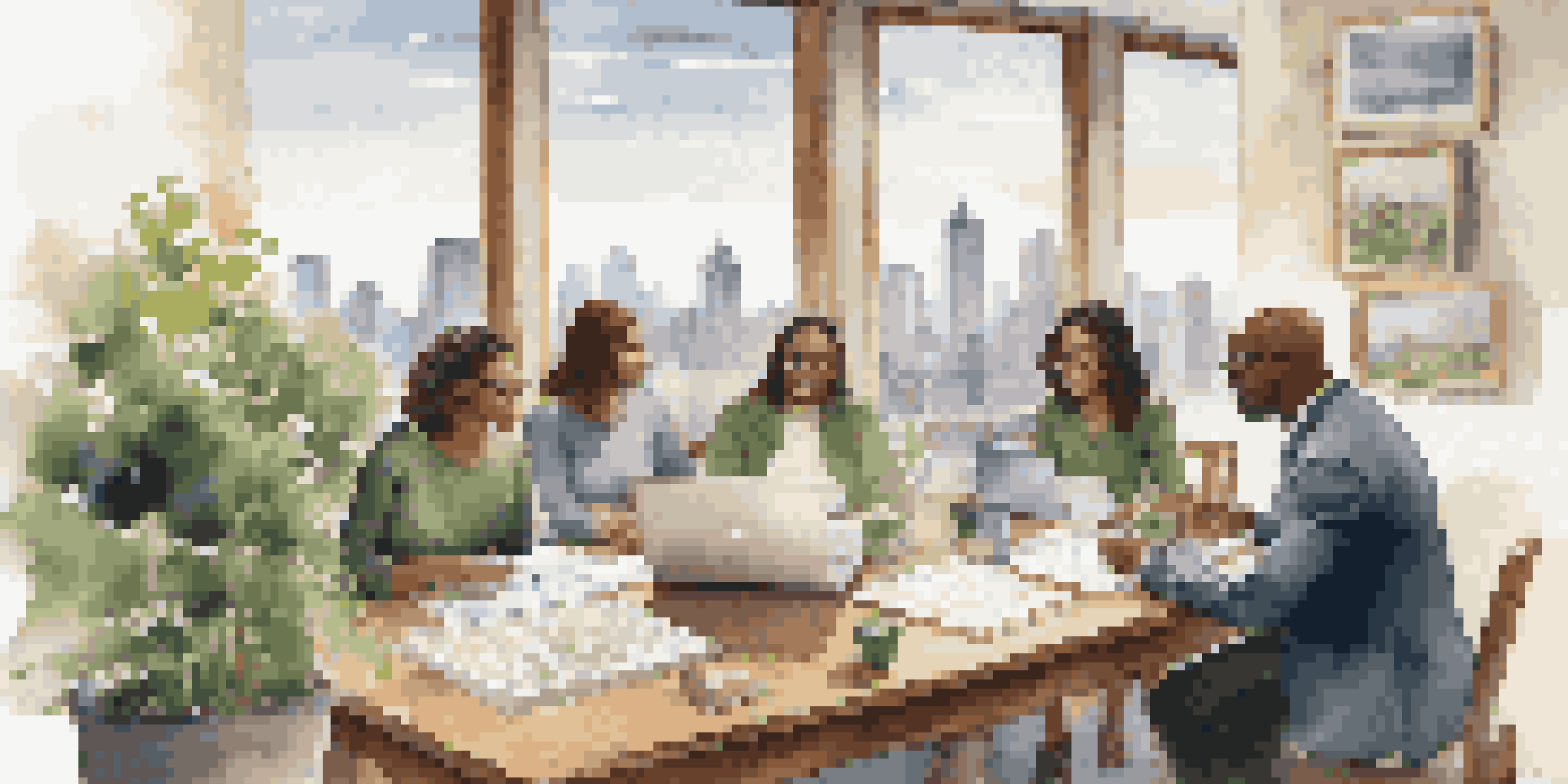 A diverse group of people discussing financial planning at a table with charts and graphs, in a well-lit room with a city skyline view.