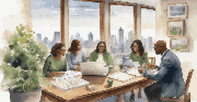 A diverse group of people discussing financial planning at a table with charts and graphs, in a well-lit room with a city skyline view.