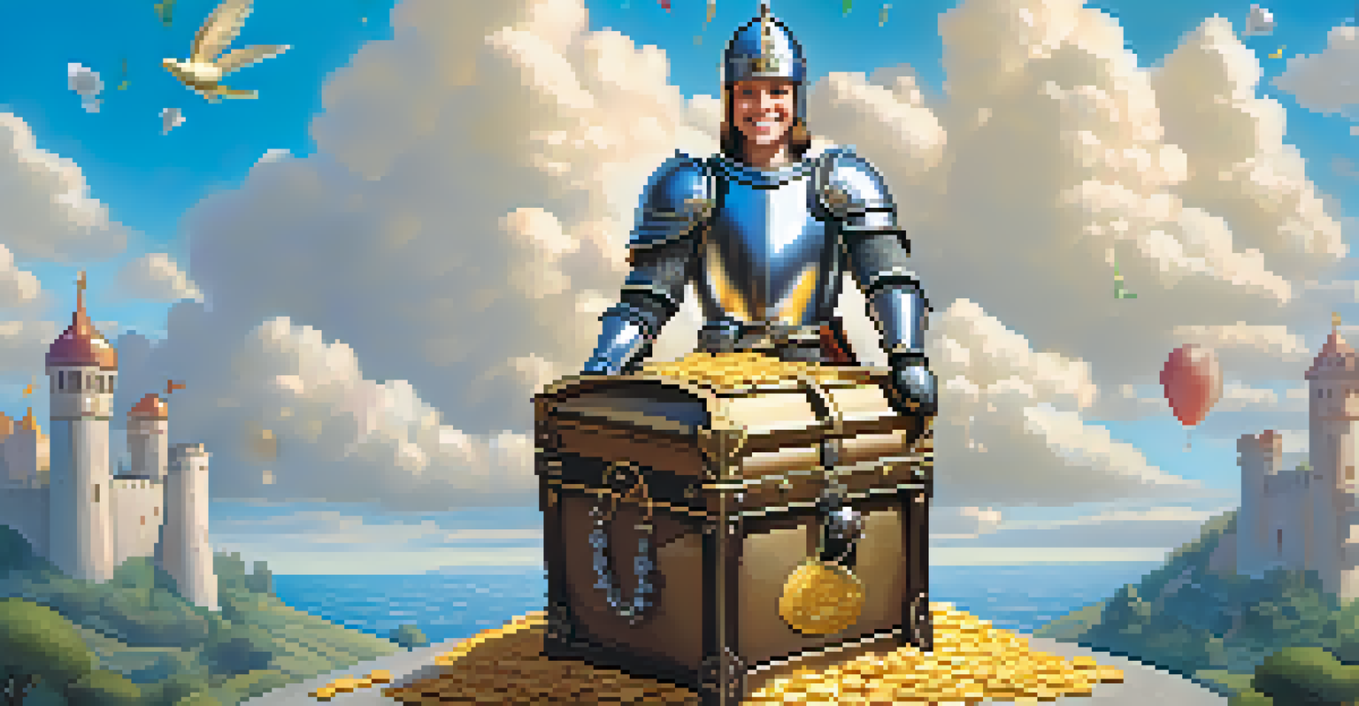 A young knight with a treasure chest full of gold coins, symbolizing the importance of saving for special items.