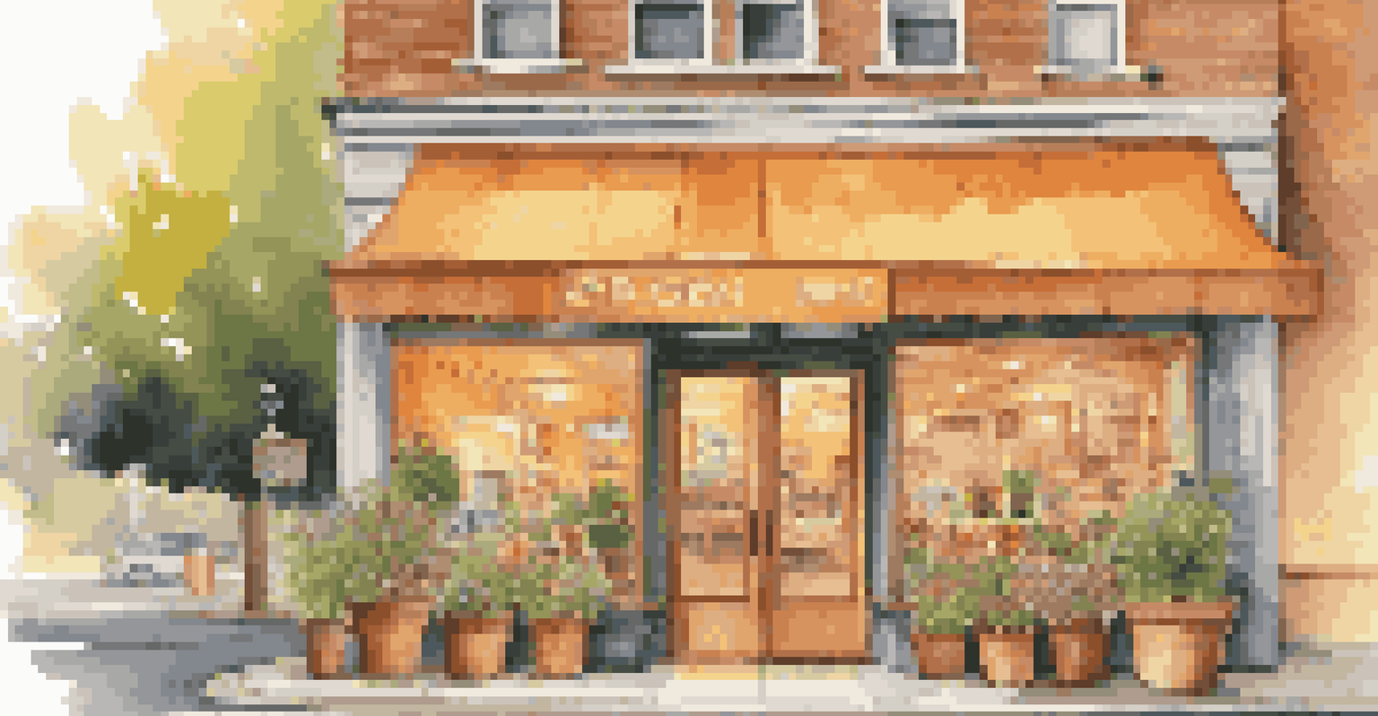 An inviting small business storefront bustling with customers, featuring colorful signage and potted plants under a warm sunset glow.