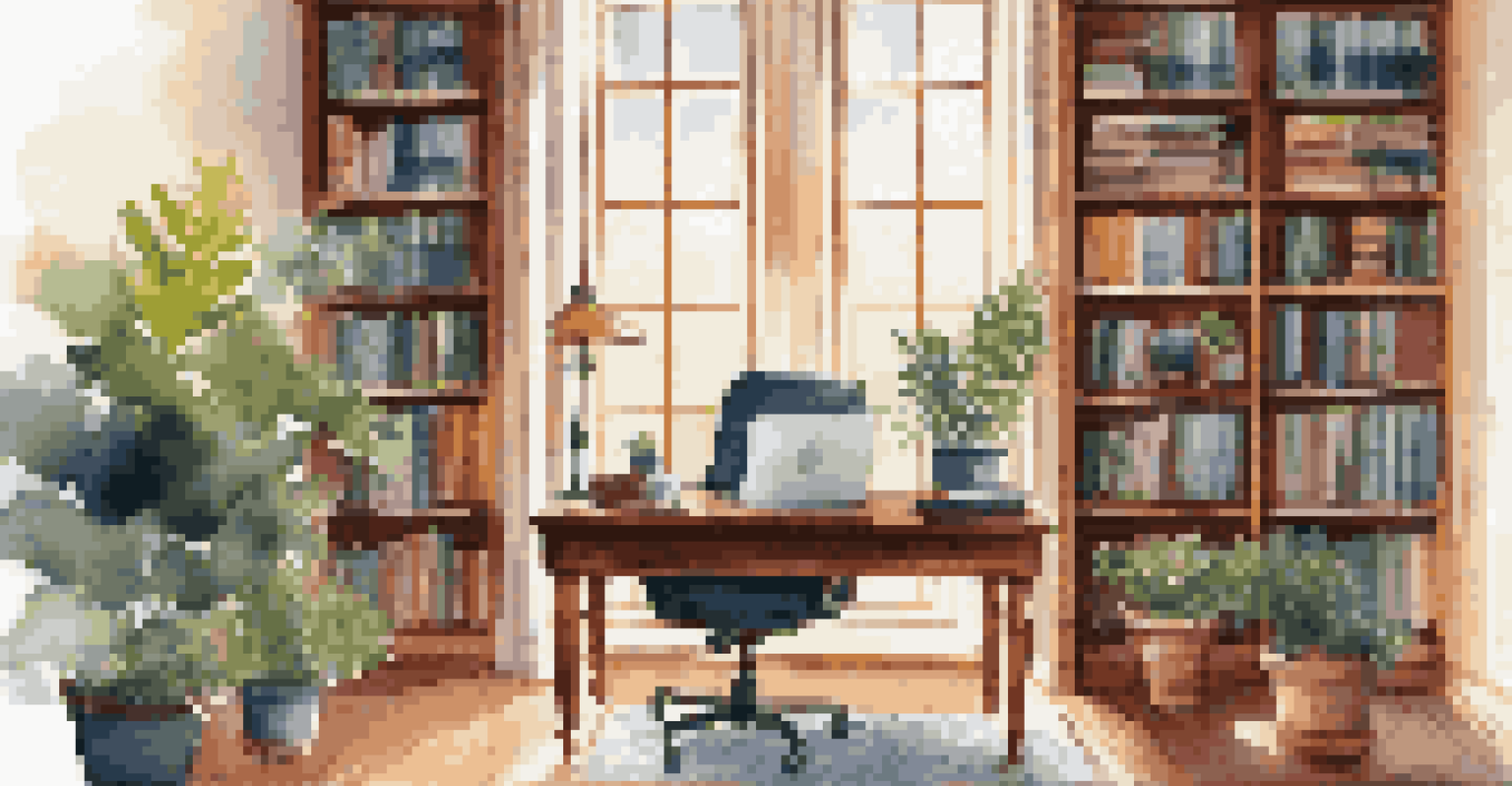 An elegant home office with a wooden desk, laptop, bookshelves filled with colorful books, and natural light coming through a large window.