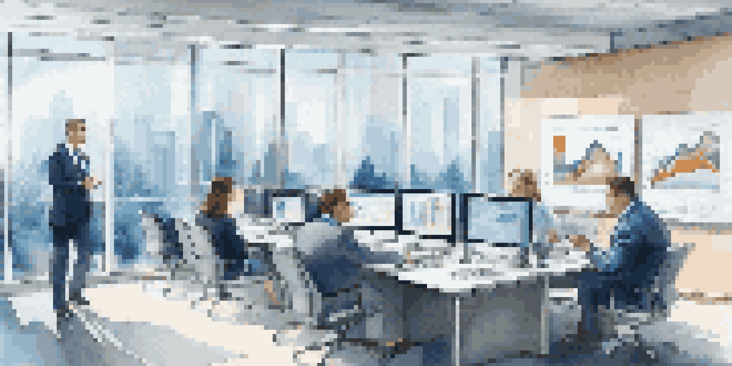 A modern hedge fund office with financial charts and a diverse team of professionals discussing strategies.