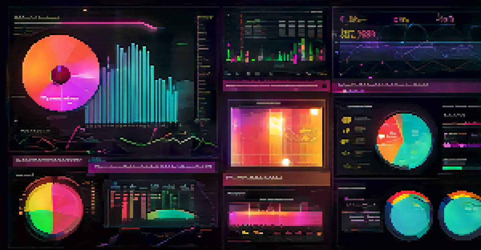 An abstract digital dashboard displaying vibrant graphs and metrics, set against a dark background, symbolizing financial data analysis and modern technology.