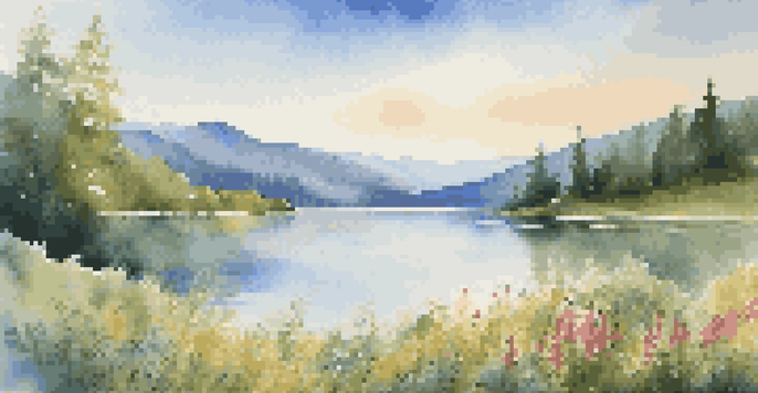 A peaceful lake bordered by green mountains, with sunlight reflecting on the water and colorful wildflowers in the foreground.