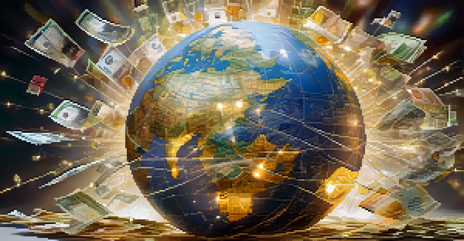 A globe with currency symbols glowing softly and surrounded by digital data streams, representing global finance.