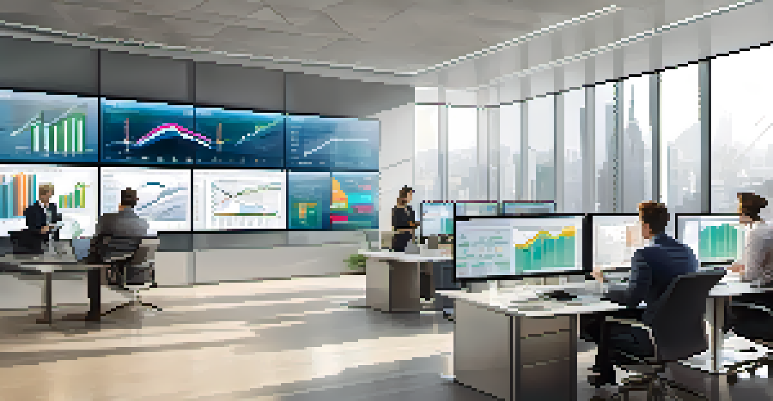 A busy financial office with professionals analyzing market data on screens.