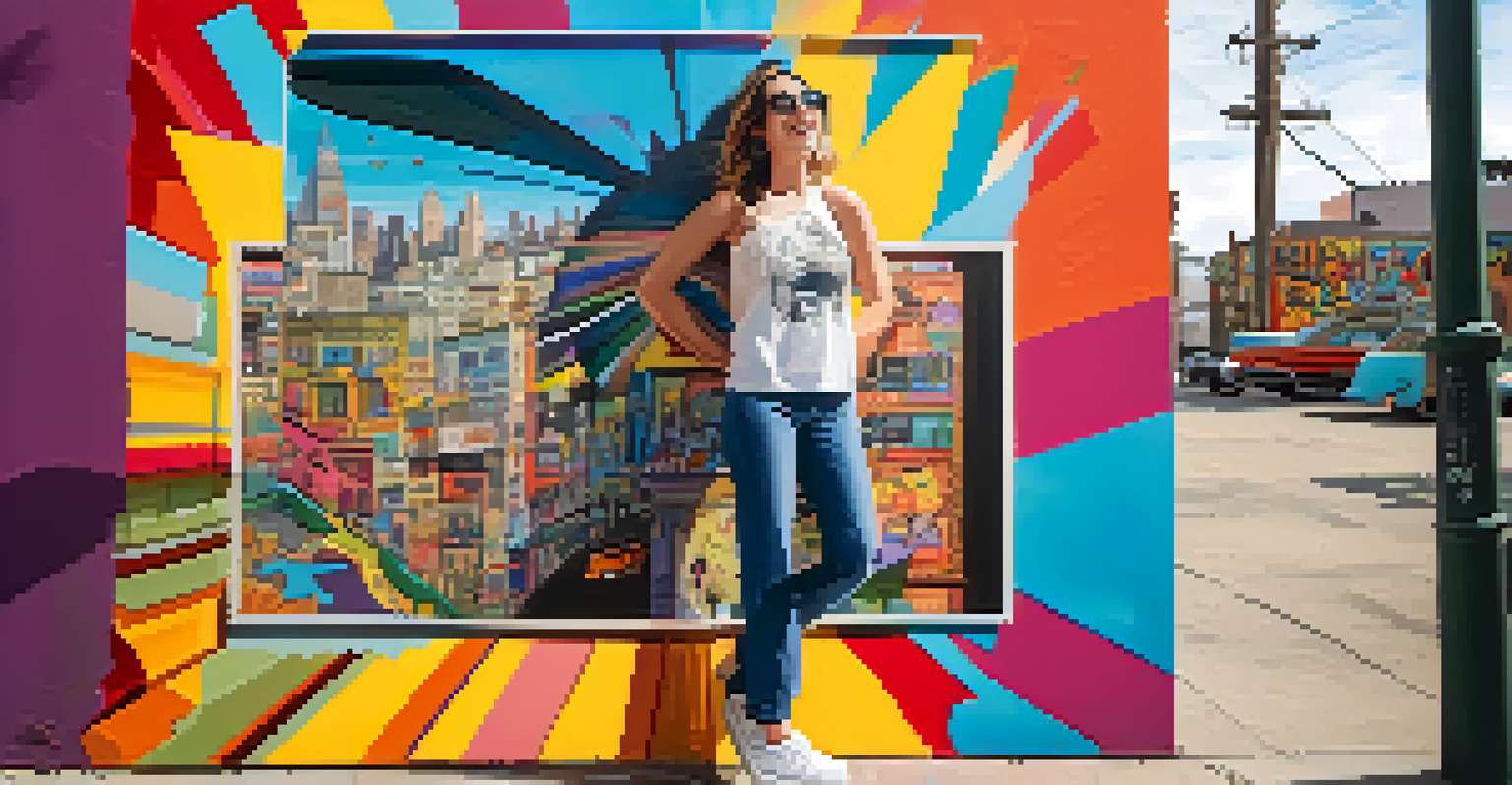 A person joyfully holding a vintage comic book in front of colorful street art.