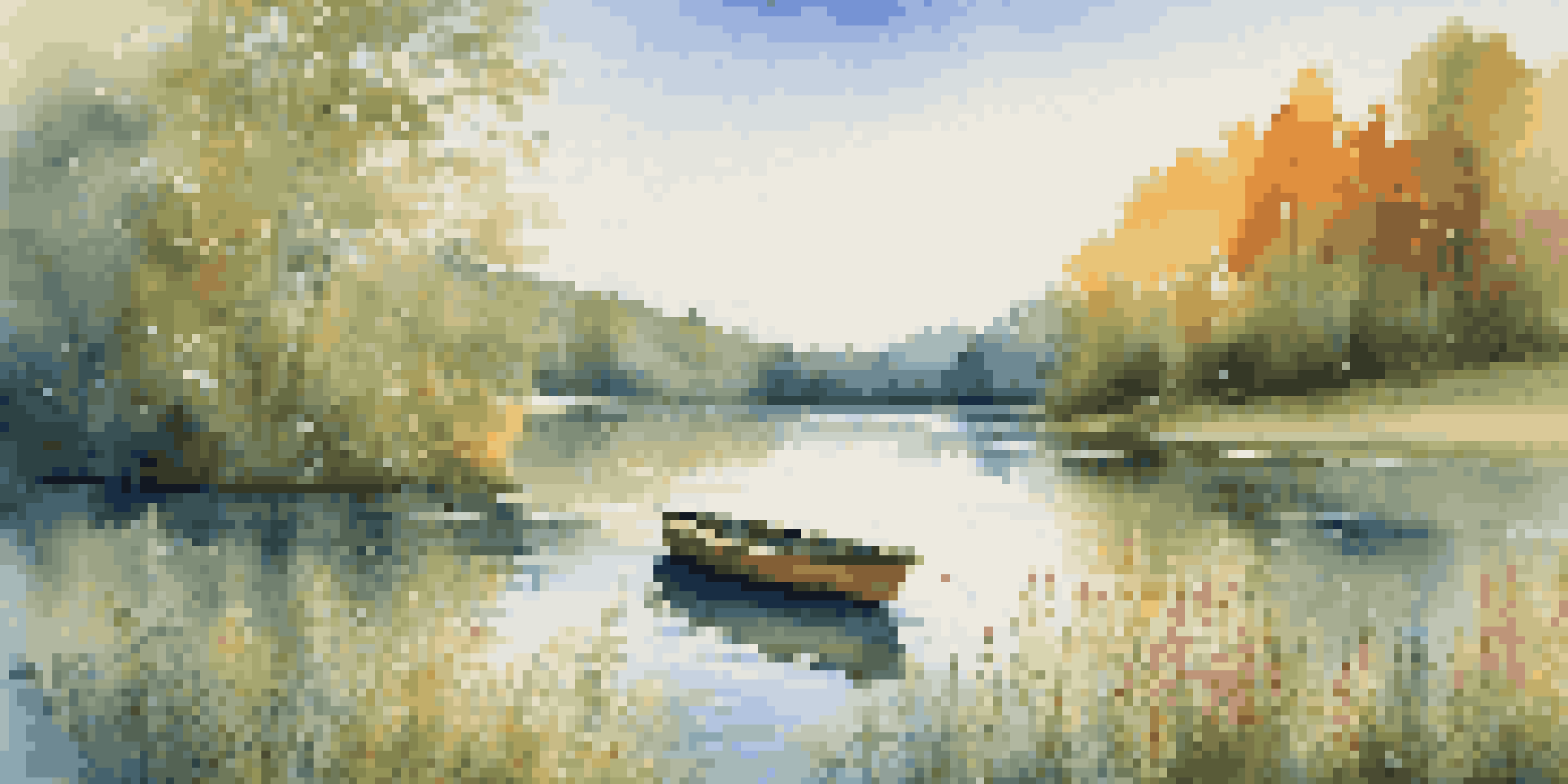 A calm lake surrounded by green trees with a small boat floating on it, and colorful wildflowers in the foreground.