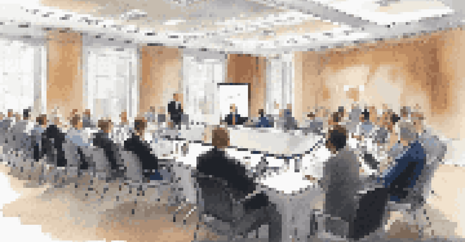A well-lit conference room filled with professionals attending an insurance investment conference, with a speaker presenting at the front.