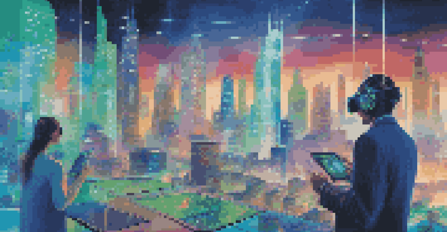 A modern city skyline showcasing digital screens with stock market data and people using advanced technology in a vibrant atmosphere.