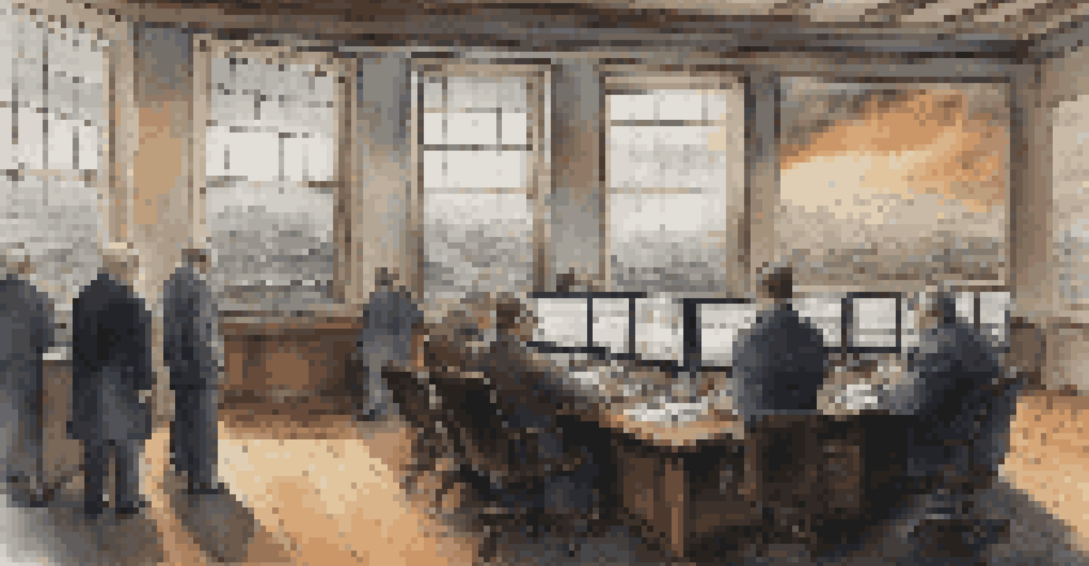 A dimly lit room with anxious investors watching stock charts, symbolizing a bear market, with stormy skies visible through a window.