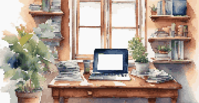 A warm and inviting home office with a wooden desk, laptop, financial books, and a cup of coffee, illuminated by soft natural light.