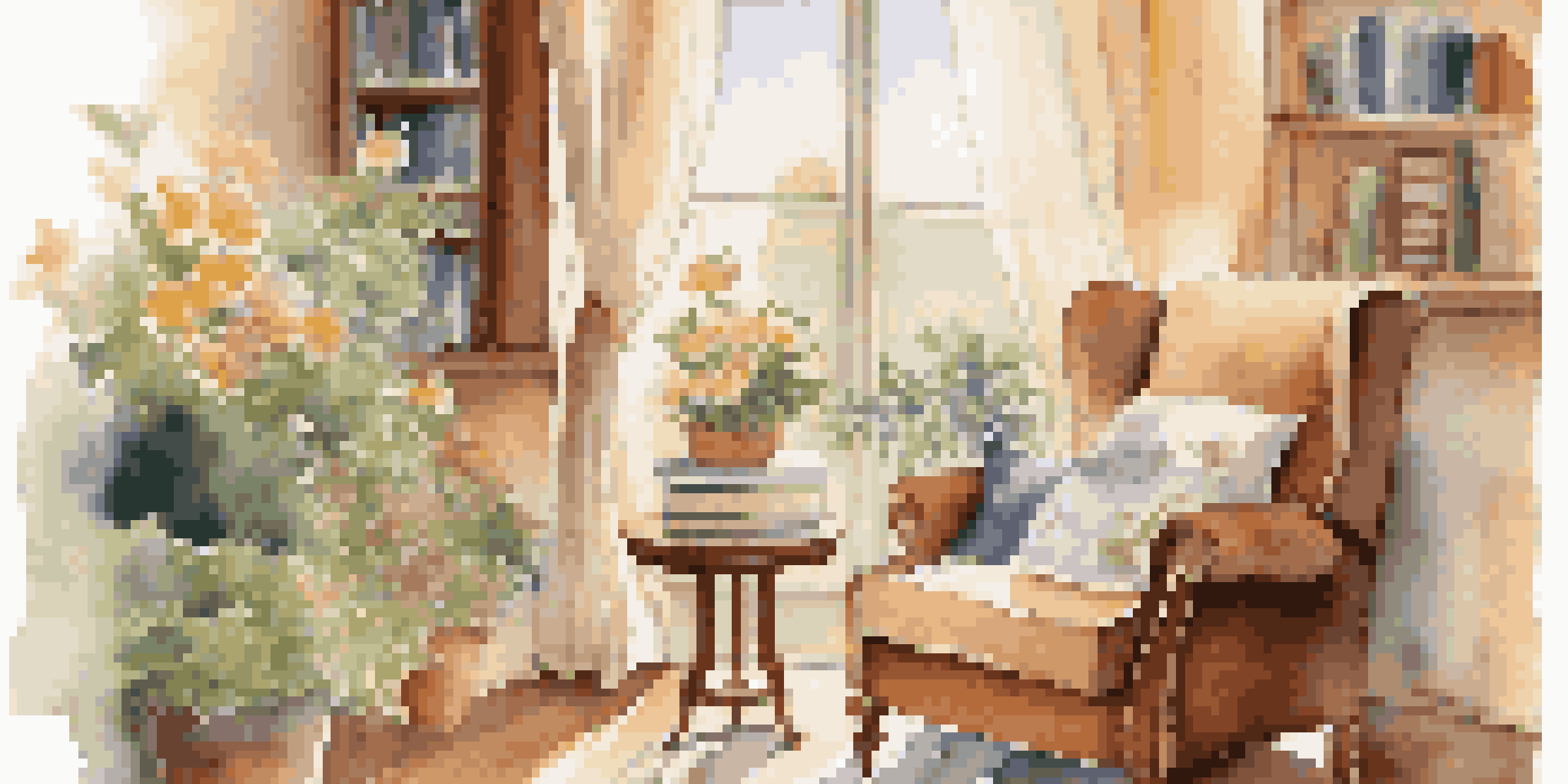 A cozy living room with an armchair, coffee table with financial books, and a garden visible outside the window, depicting a peaceful retirement scene.