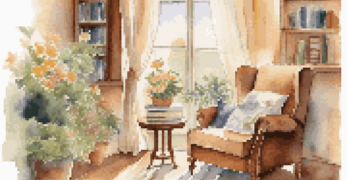 A cozy living room with an armchair, coffee table with financial books, and a garden visible outside the window, depicting a peaceful retirement scene.