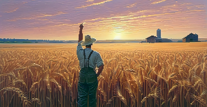 A farmer in a golden wheat field at sunset, holding a futures contract and pointing towards the horizon.