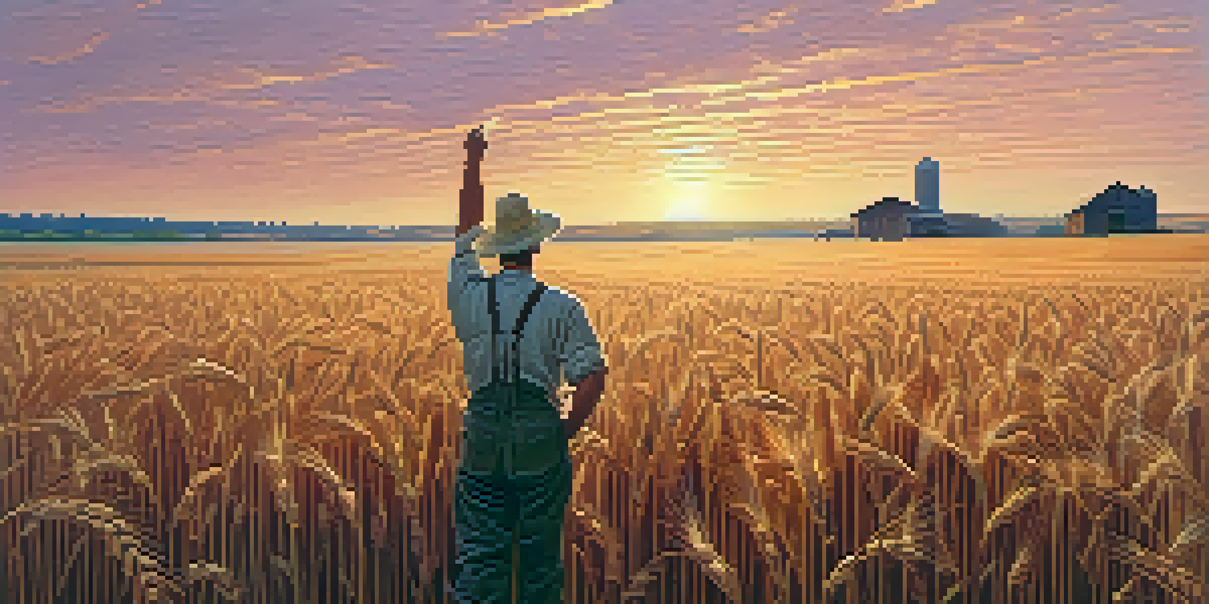 A farmer in a golden wheat field at sunset, holding a futures contract and pointing towards the horizon.