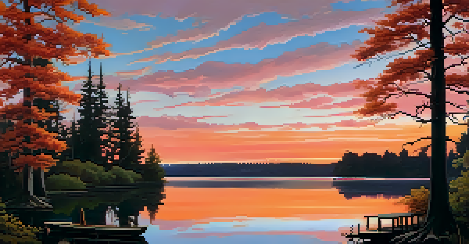 A peaceful sunset over a lake, with colorful reflections on the water and trees in silhouette.