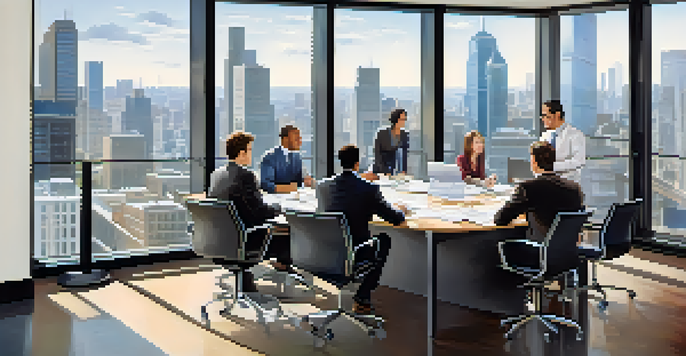 A diverse group of professionals in a modern office discussing business credit strategies around a conference table.