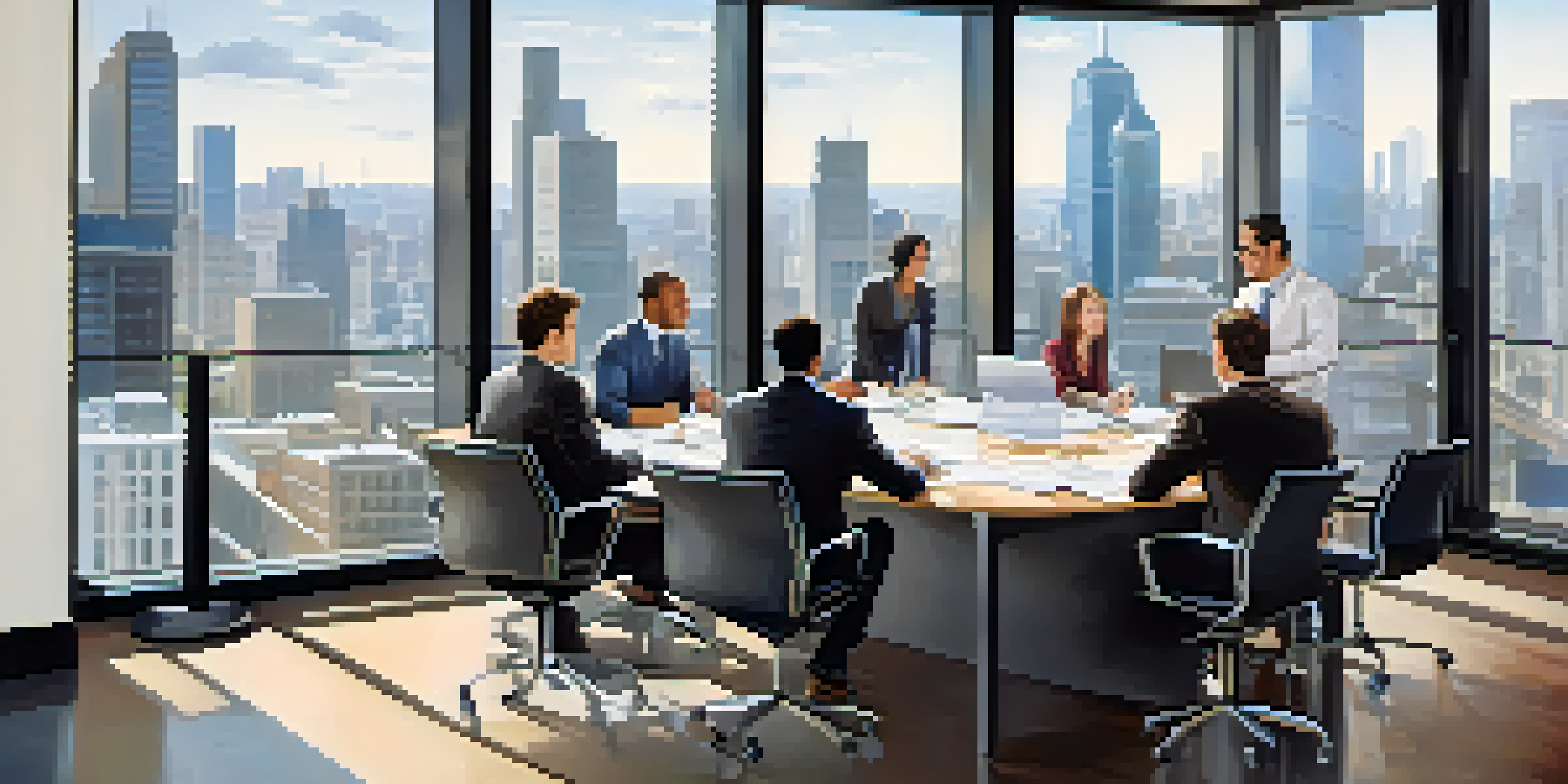 A diverse group of professionals in a modern office discussing business credit strategies around a conference table.