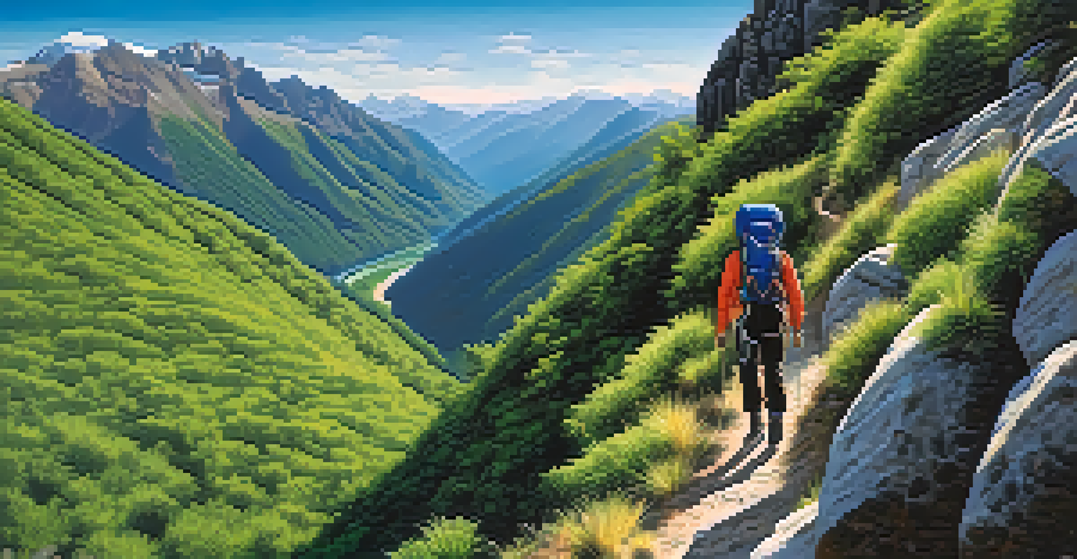A mountain climber on a steep path under a blue sky, representing the journey of investment risk.