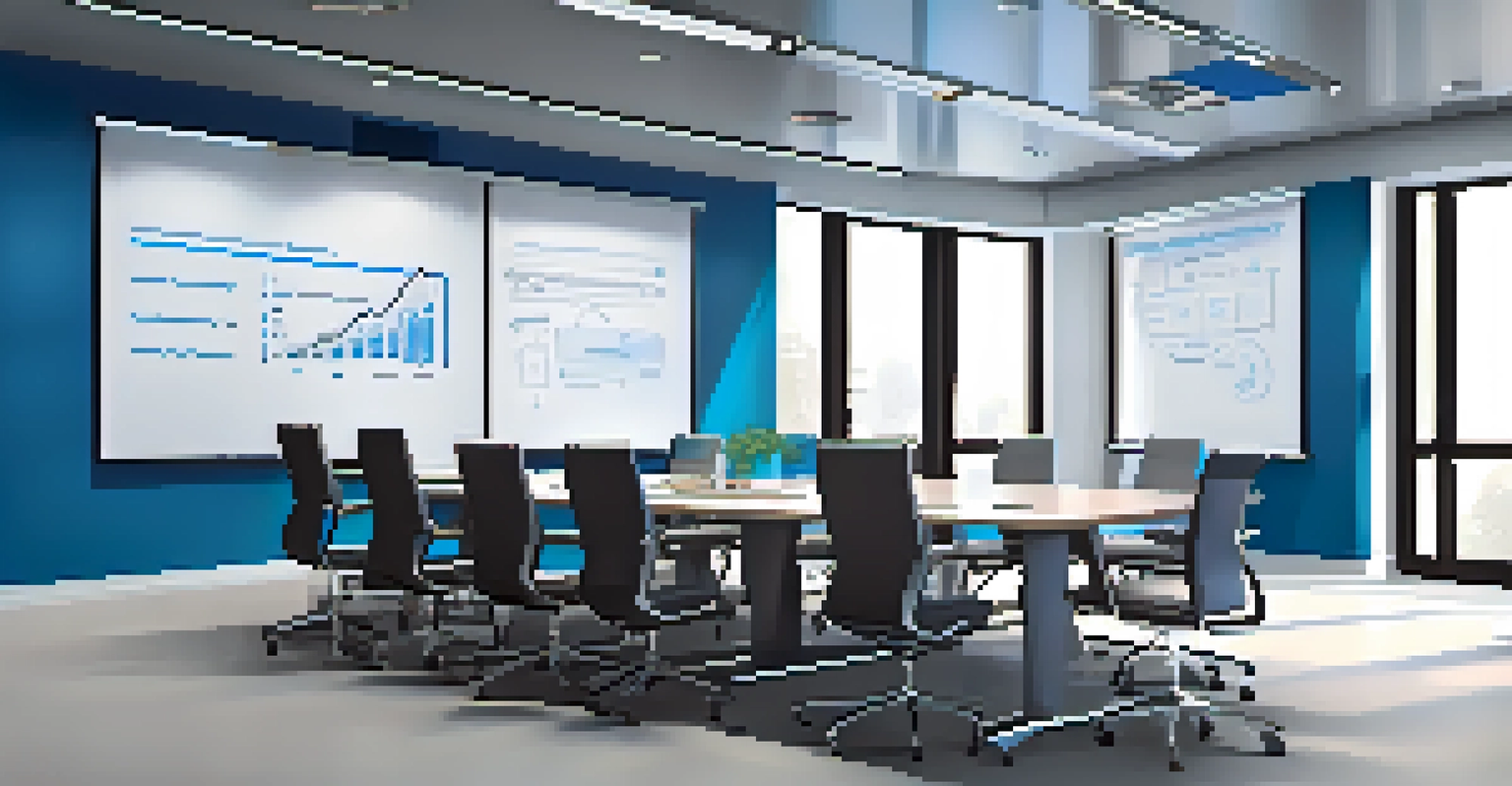 A modern conference room featuring a large table, projector screen, and whiteboard filled with notes on investment strategies.