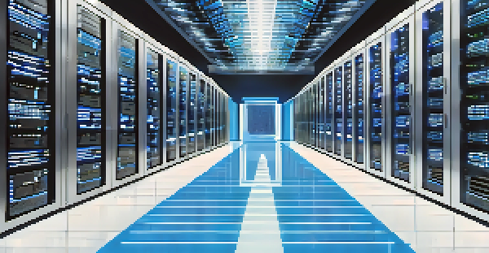 An interior view of a modern data center filled with rows of servers and blue LED lights.