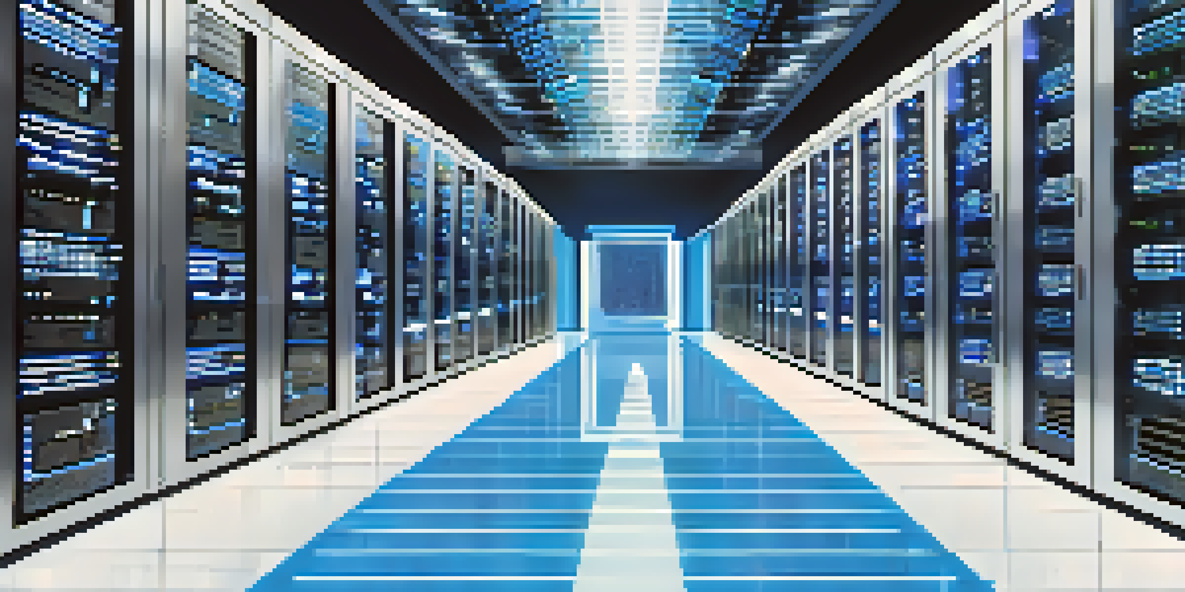 An interior view of a modern data center filled with rows of servers and blue LED lights.