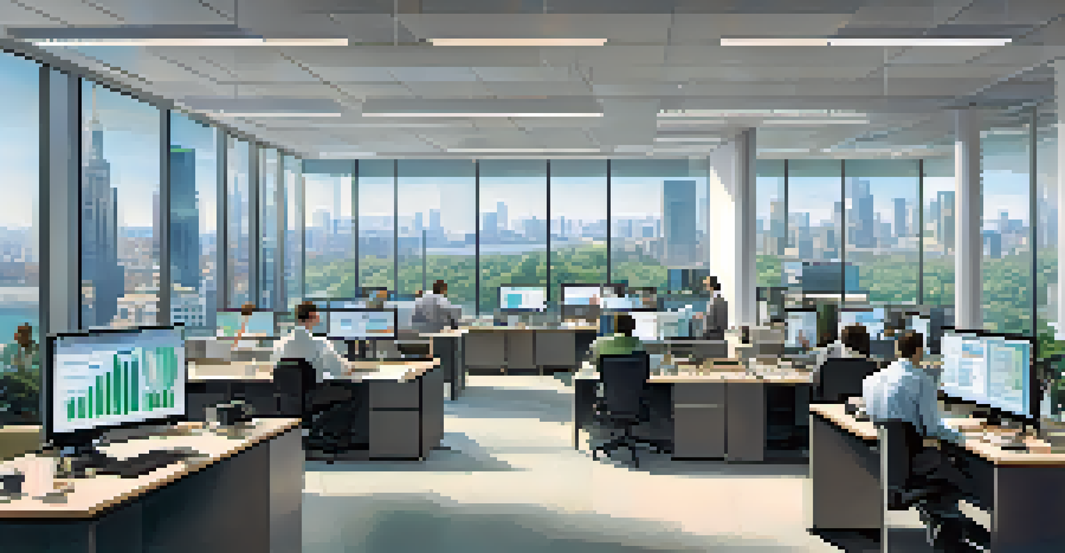 An open office space with financial analysts working at their desks, displaying stock market data on screens.