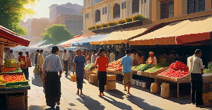 A vibrant urban market filled with colorful stalls of fresh produce and crafts, with diverse shoppers and vendors, under warm sunlight.