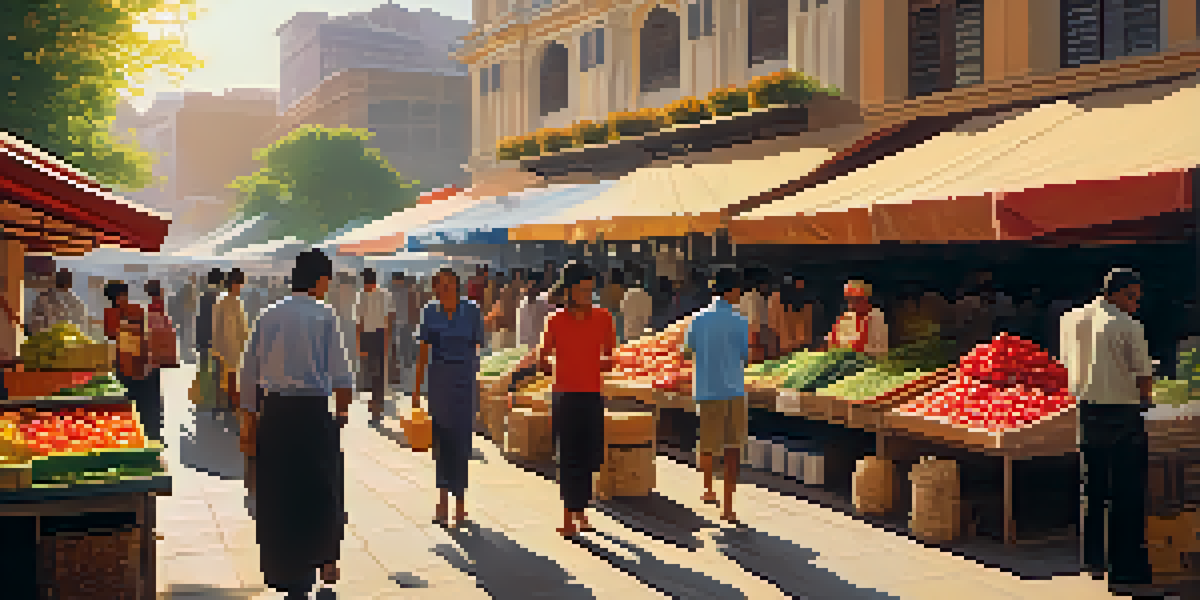A vibrant urban market filled with colorful stalls of fresh produce and crafts, with diverse shoppers and vendors, under warm sunlight.