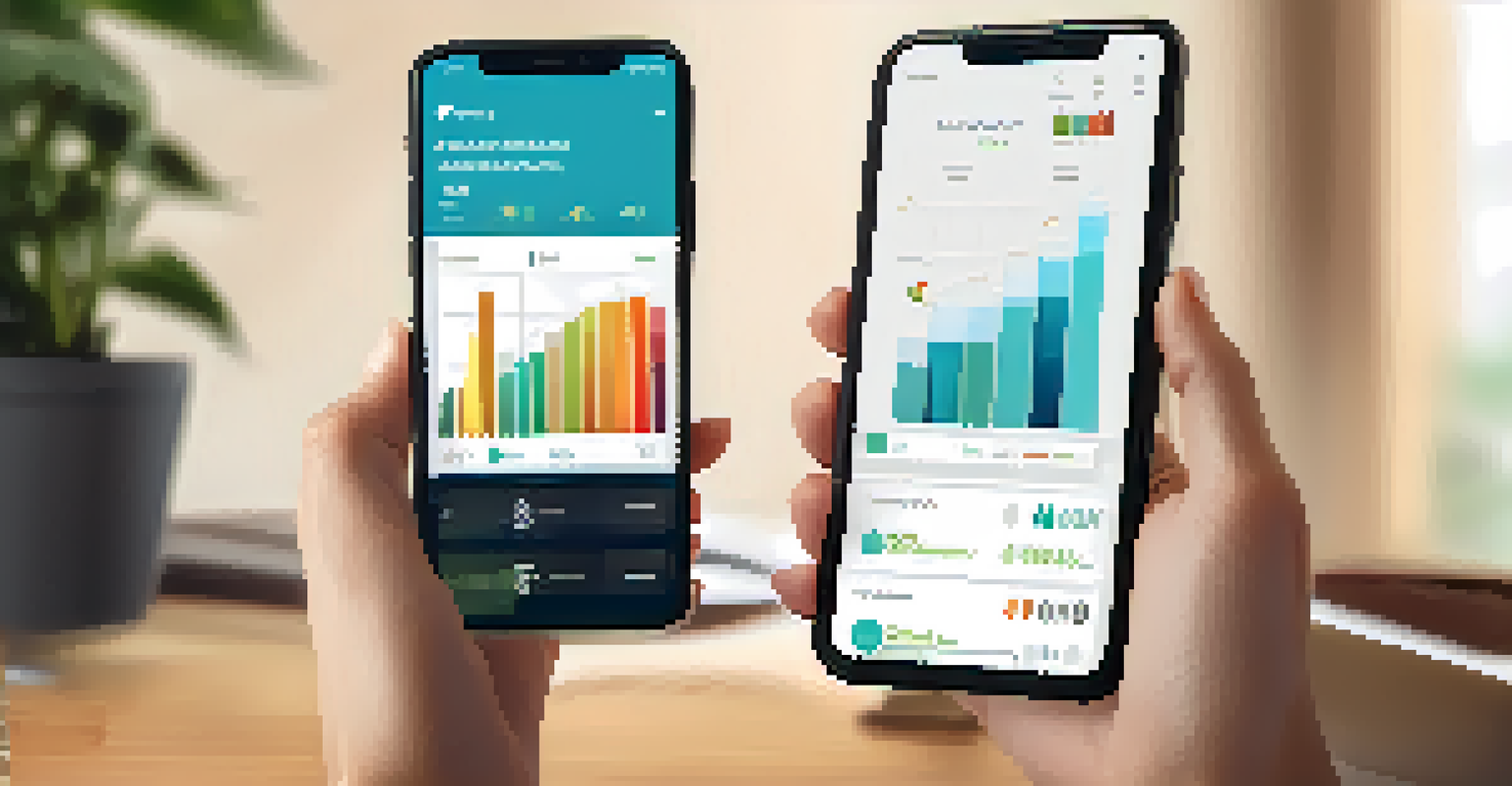 Hands holding a smartphone showing an investment app with a growth chart, in a cozy workspace setting.