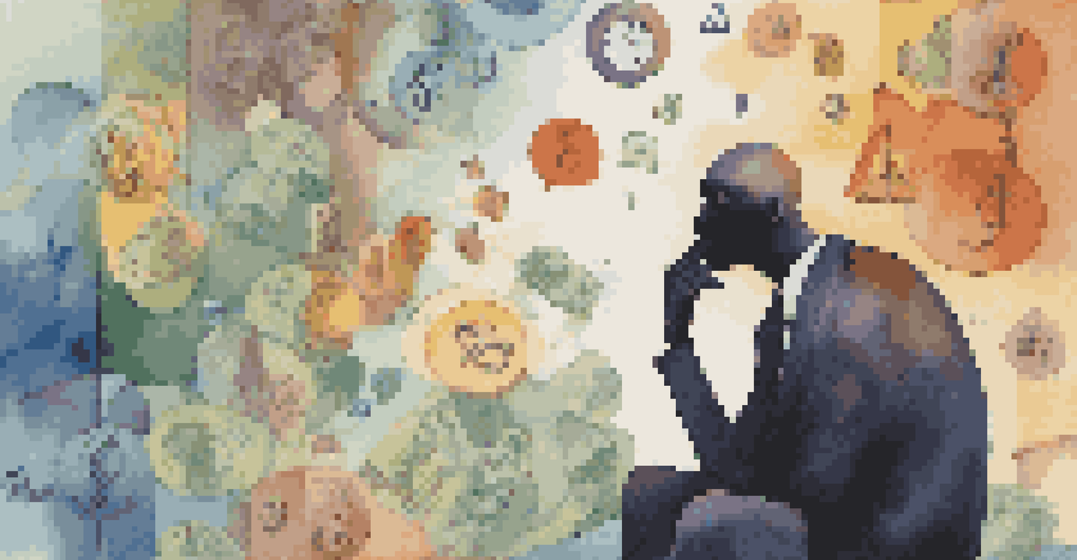 A person thinking critically about finance, surrounded by floating money symbols and question marks in bold colors.