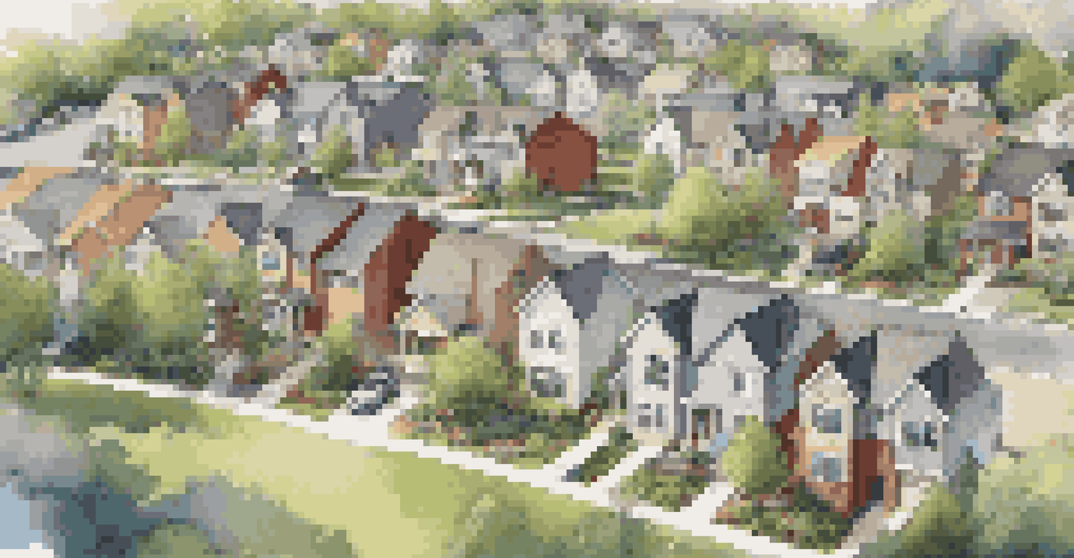Aerial view of a suburban neighborhood with affordable housing, parks, and families enjoying a community event.
