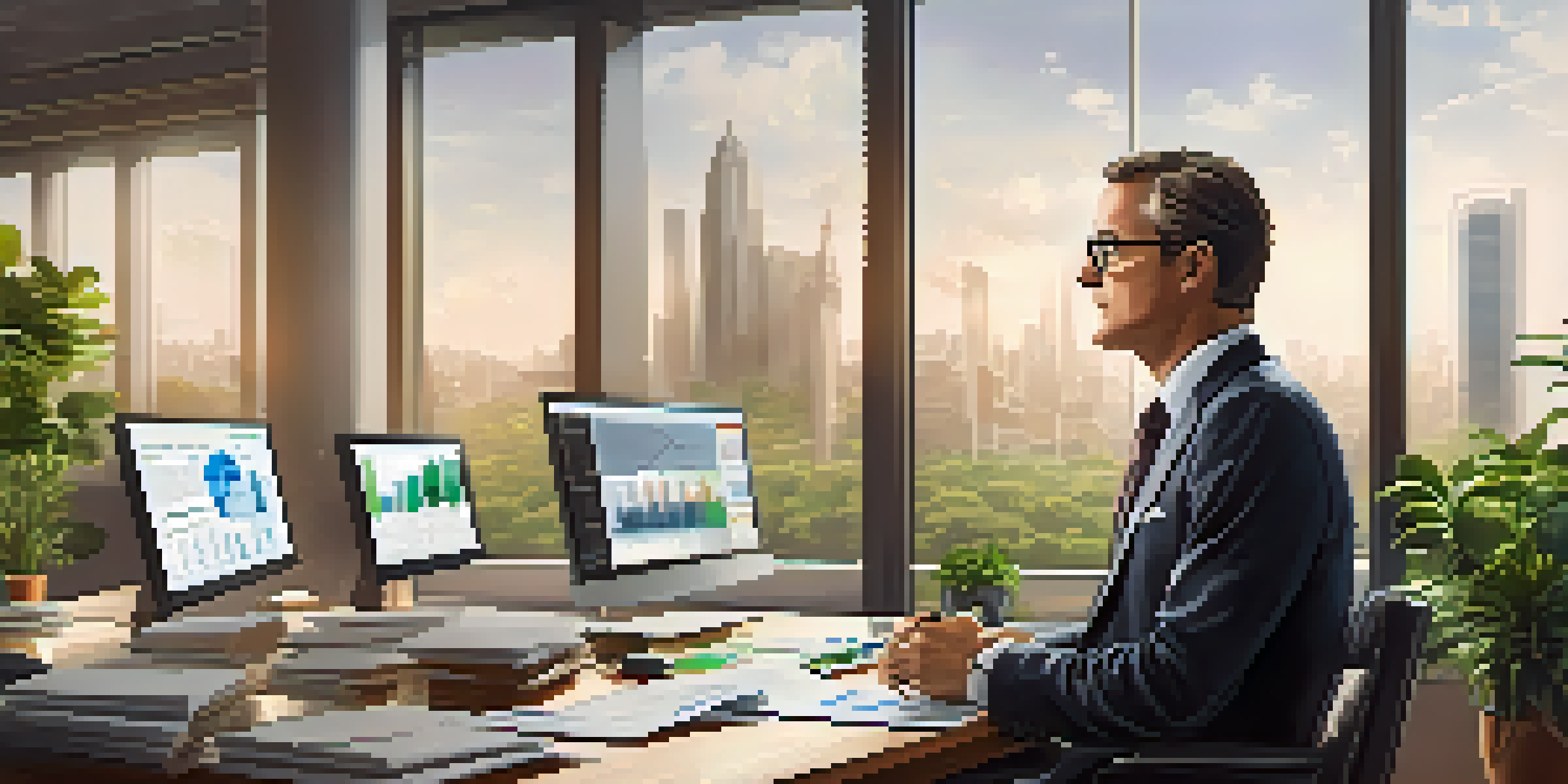A hedge fund manager in a modern office, analyzing financial data on multiple screens with natural light and plants around.