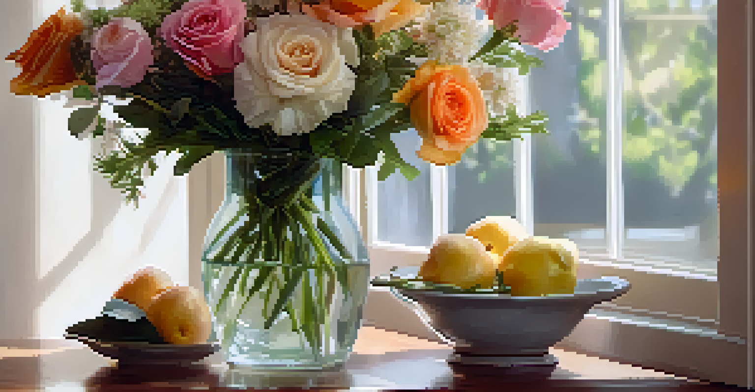 A vintage glass vase with a colorful bouquet of flowers, set against a softly blurred background with warm light.