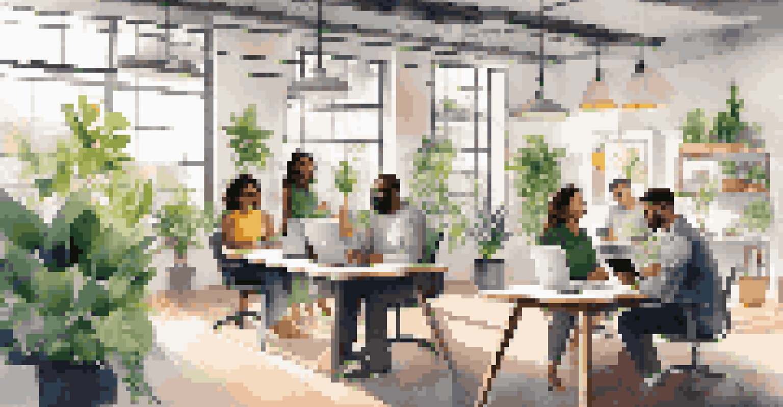 A diverse group of entrepreneurs working together in a modern office, filled with sunlight and greenery, symbolizing innovation and collaboration.