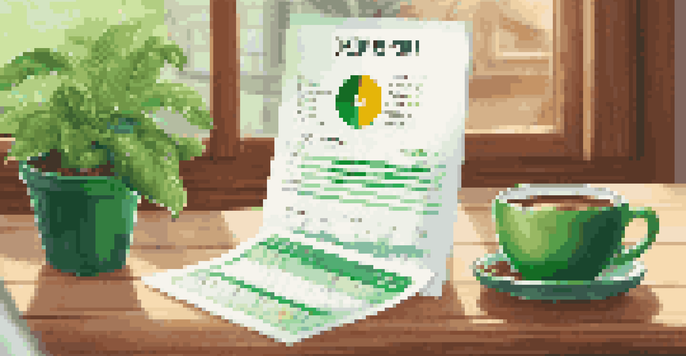 A detailed view of a credit score report showing a high score, with a wooden desk and a laptop in the background.