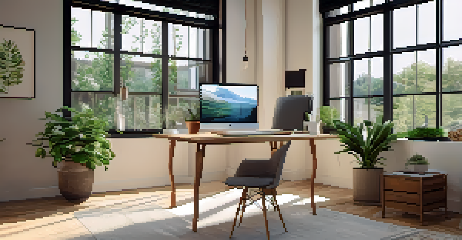 A bright workspace with a wooden desk, laptop, notebooks, and a coffee cup, illuminated by natural light from large windows.