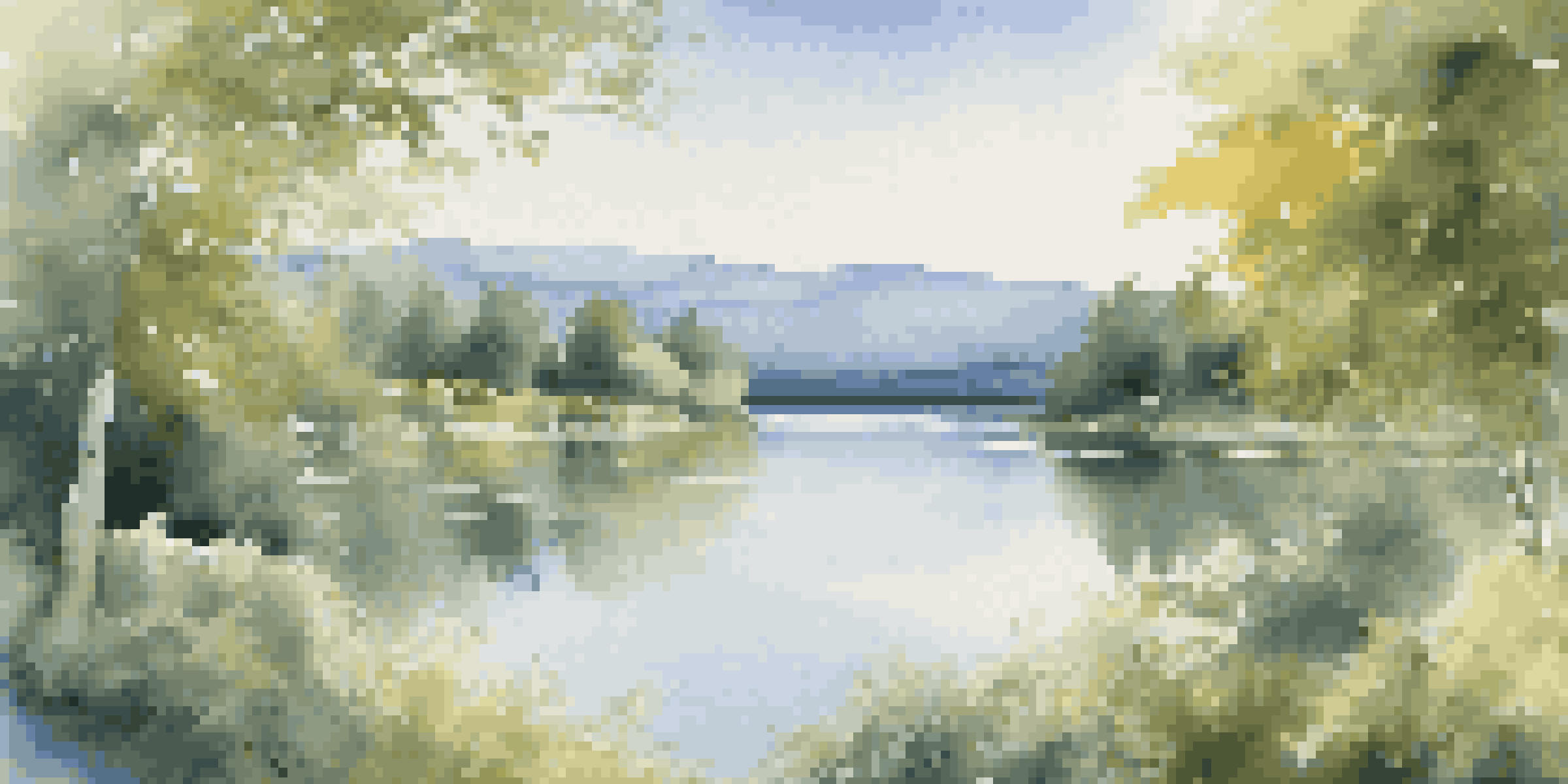 A tranquil lake scene with green trees and mountains under a bright sky.