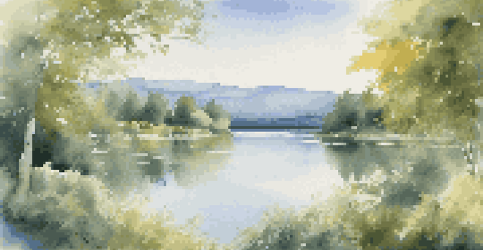 A tranquil lake scene with green trees and mountains under a bright sky.