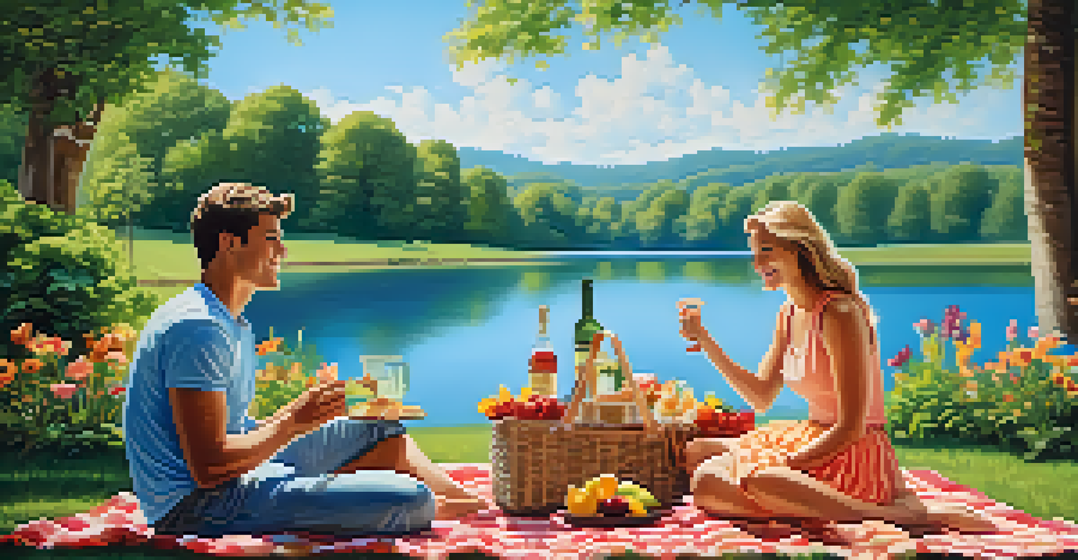 A young couple having a picnic in a green park surrounded by flowers and a lake.