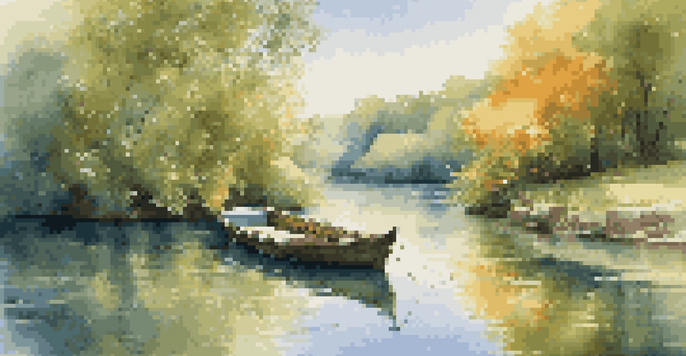 A small wooden boat filled with colorful flowers navigating a calm river, surrounded by lush green trees and a clear blue sky.