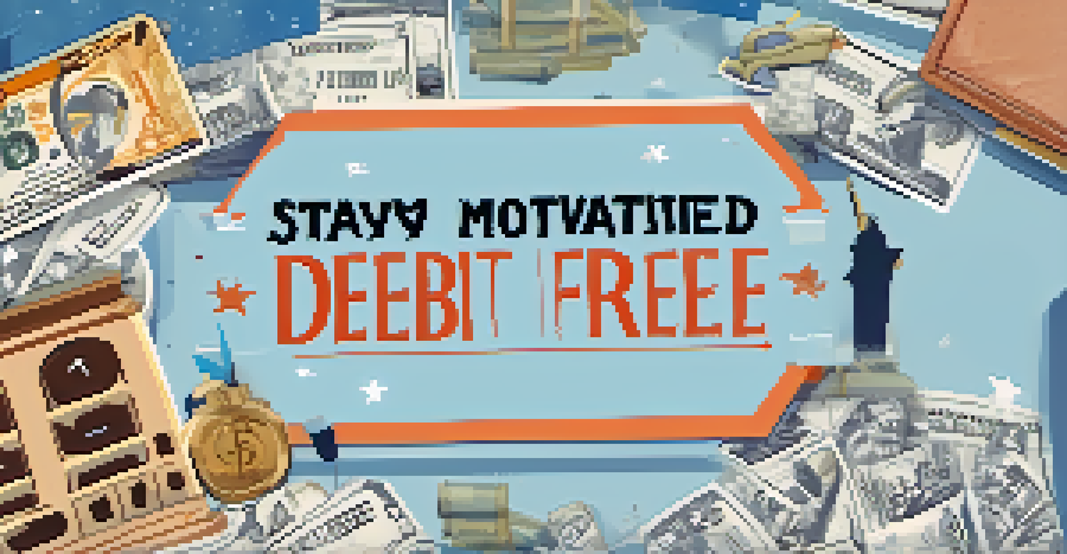 A motivational poster encouraging financial discipline, with symbols of progress and a calming blue background.